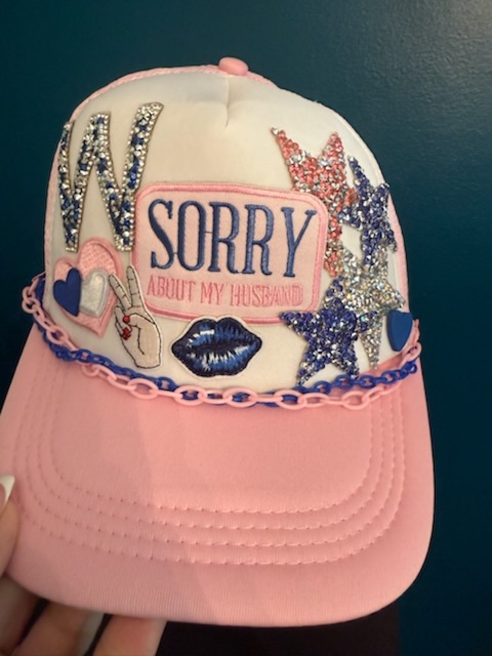 Pink Embellished Trucker Hat - "Sorry About My Husband" Patch